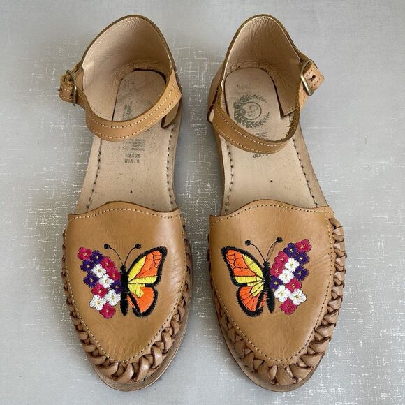 Mexican Leather Sandals HUARACHES Butterfly Embroidered Shoes Size US 9 / MEX 26 - Picture 1 of 16